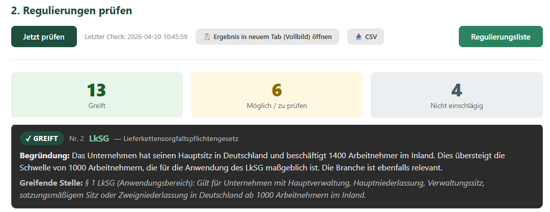 Echtes Pr&uuml;fergebnis des ESG-Regulierungs-Checks: 13 greifende, 6 m&ouml;gliche und 4 nicht einschl&auml;gige Regulierungen, mit Begr&uuml;ndung und Fundstelle je Regelung.